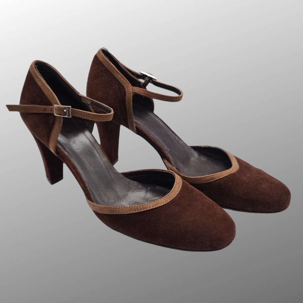 Boden Brown & Tan Suede Heels Round Toe Ankle Strap Women's Size 8 EUC